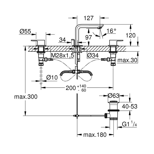Immagine di Grohe LINEARE batteria 3 fori, per lavabo, con scarico, finitura cromo 20304001