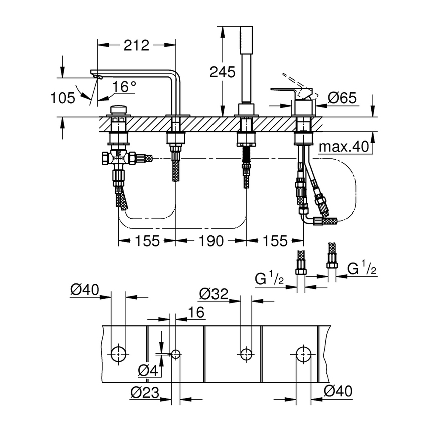 Immagine di Grohe LINEARE miscelatore monocomando a 4 fori, per vasca, con deviatore, manopola doccia e flessibile 200 cm, finitura cromo 19577001