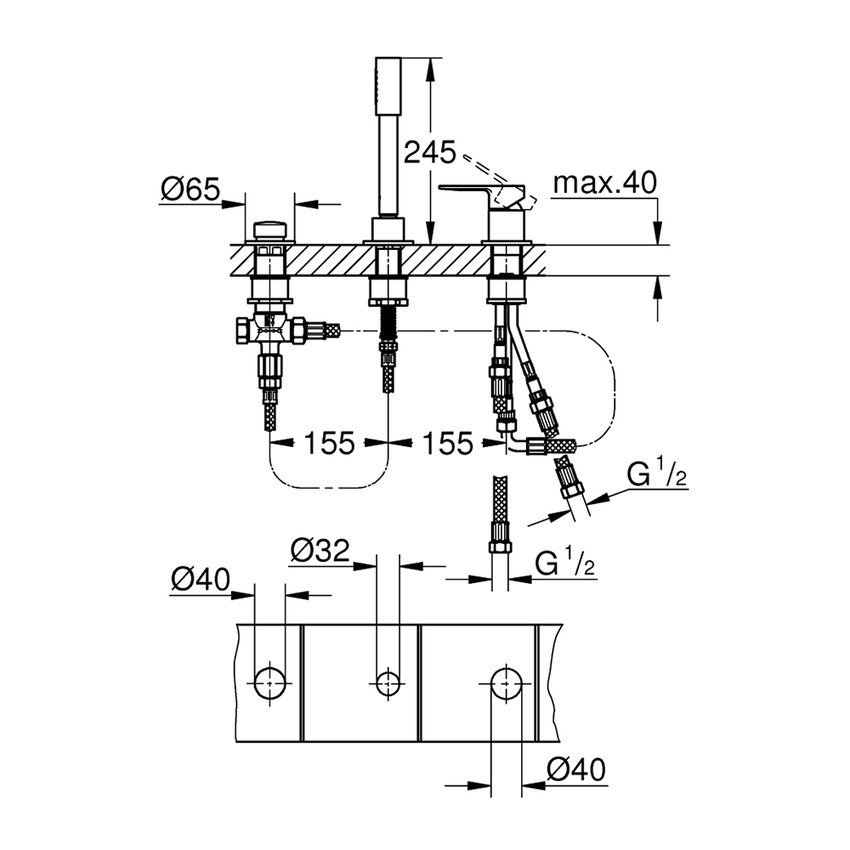 Immagine di Grohe LINEARE miscelatore monocomando 3 fori, per vasca, con deviatore, manopola doccia e flessibile 200 cm, finitura cromo 19965001