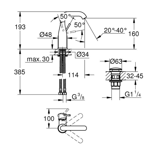 Immagine di Grohe ESSENCE miscelatore monocomando H.19 cm, per lavabo, senza scarico, con piletta clic clac, finitura cromo 24181001