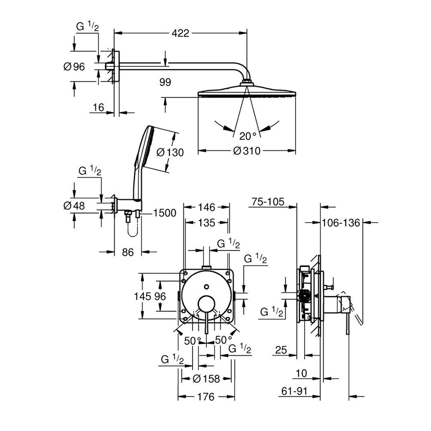 Immagine di Grohe ESSENCE set doccia composto da miscelatore monocomando 2 vie, deviatore, corpo incasso, soffione rotondo Ø 31 cm, braccio a parete, manopola a 3 getti, raccordo erogatore con supporto e flessibile 150 cm, finitura cromo 25287000