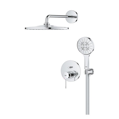 Immagine di Grohe ESSENCE set doccia composto da miscelatore monocomando 2 vie, deviatore, corpo incasso, soffione rotondo Ø 31 cm, braccio a parete, manopola a 3 getti, raccordo erogatore con supporto e flessibile 150 cm, finitura cromo 25287000