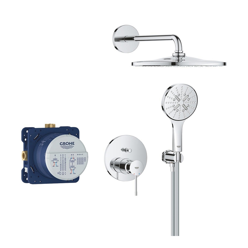 Immagine di Grohe ESSENCE set doccia composto da miscelatore monocomando 2 vie, deviatore, corpo incasso, soffione rotondo Ø 31 cm, braccio a parete, manopola a 3 getti, raccordo erogatore con supporto e flessibile 150 cm, finitura cromo 25287000