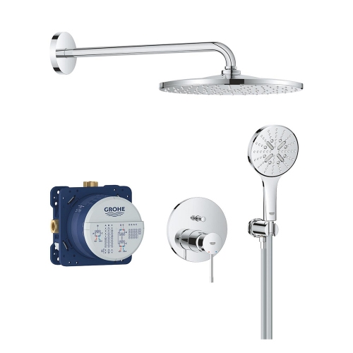 Immagine di Grohe ESSENCE set doccia composto da miscelatore monocomando 2 vie, deviatore, corpo incasso, soffione rotondo Ø 31 cm, braccio a parete, manopola a 3 getti, raccordo erogatore con supporto e flessibile 150 cm, finitura cromo 25287000