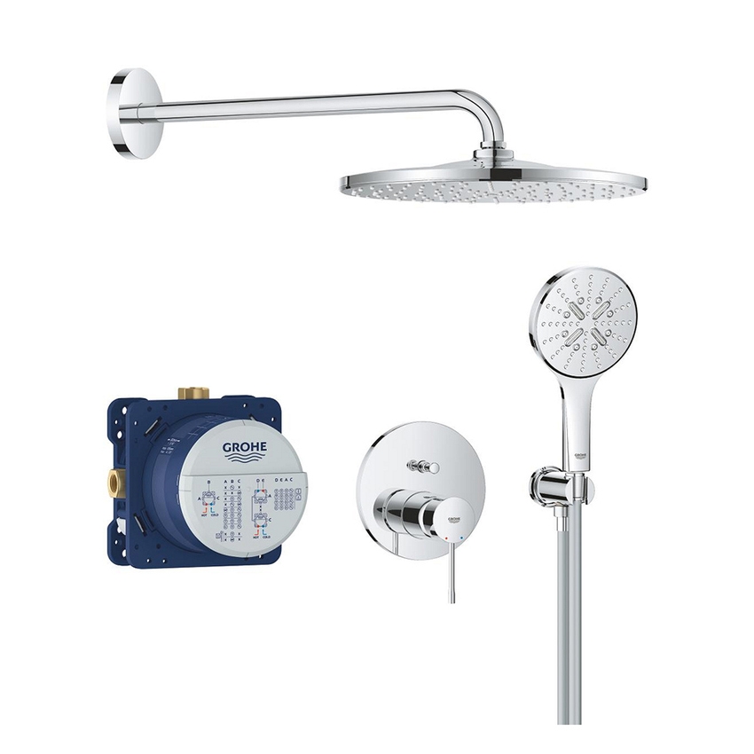 Immagine di Grohe ESSENCE set doccia composto da miscelatore monocomando 2 vie, deviatore, corpo incasso, soffione rotondo Ø 31 cm, braccio a parete, manopola a 3 getti, raccordo erogatore con supporto e flessibile 150 cm, finitura cromo 25287000