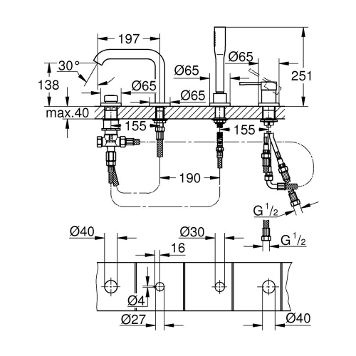 Immagine di Grohe ESSENCE miscelatore monocomando a 4 fori, per bordo vasca, con deviatore, bocca vasca, manopola doccia e flessibile 200 cm, finitura cromo 25251001