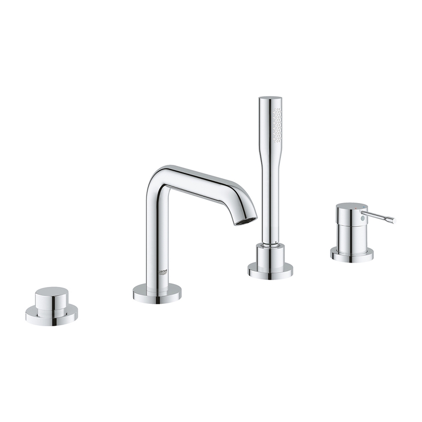 Immagine di Grohe ESSENCE miscelatore monocomando a 4 fori, per bordo vasca, con deviatore, bocca vasca, manopola doccia e flessibile 200 cm, finitura cromo 25251001