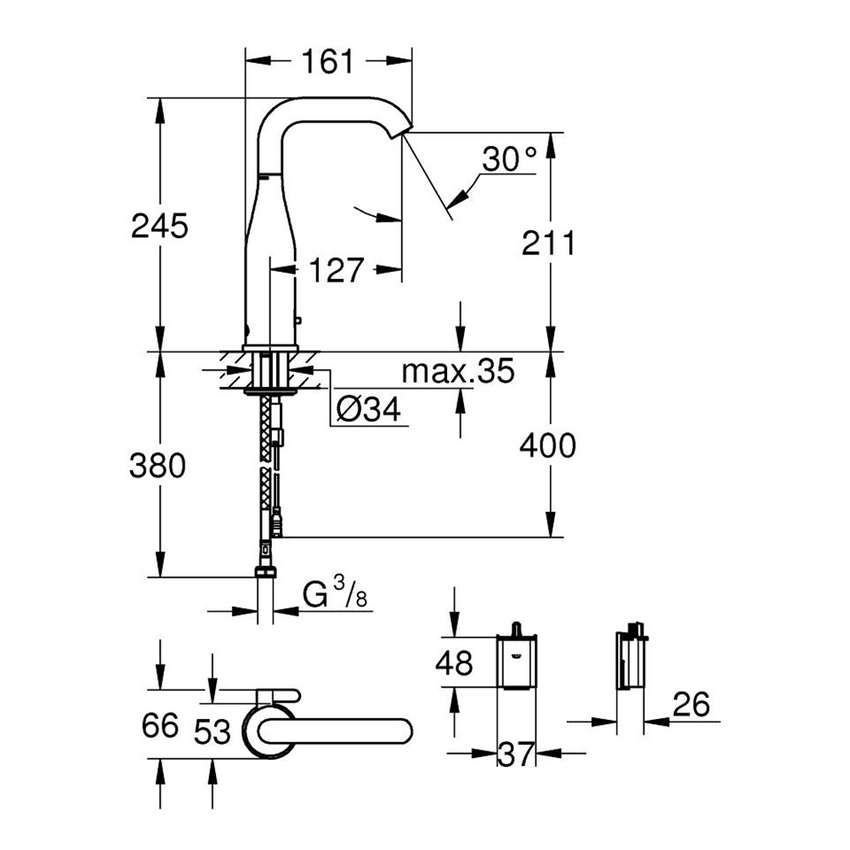 Immagine di Grohe ESSENCE E miscelatore elettronico H.25 cm, per lavabo, con comando infrarossi e limitatore di portata, con batteria esterna, finitura cromo 36445000