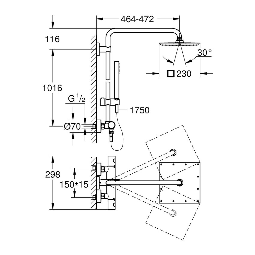 Immagine di Grohe EUPHORIA SYSTEM 230 sistema doccia con miscelatore termostatico, braccio soffione orientabile, soffione doccia 23 cm, manopola doccia e flessibile 175 cm, finitura cromo 26187000