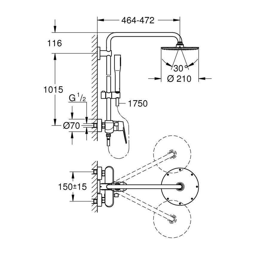 Immagine di Grohe EUPHORIA EURODISC COSMOPOLITAN SYSTEM 210 sistema doccia con miscelatore monocomando, braccio orientabile, soffione doccia Ø 21 cm, manopola doccia e flessibile 175 cm, finitura cromo 23058003