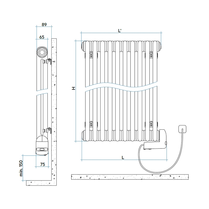 Immagine di Irsap TESI2 EH-1800-08 radiatore elettrico, 8 elementi, H.185,3 L.38,4 P.6,5 cm, colore bianco standard finitura lucido Cod.01 RT218000801IRHNN