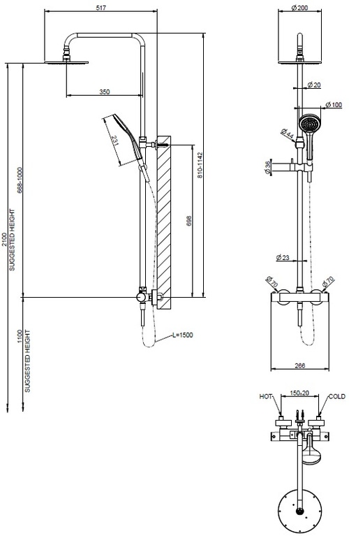 Immagine di Gessi SHOWER miscelatore termostatico a parete con soffione Ø 20 cm, deviatore automatico per bagno/doccia, flessibile 150 cm, saliscendi e doccetta anticalcare, finitura cromo 35173#031