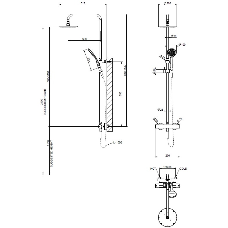 Immagine di Gessi SHOWER miscelatore termostatico a parete con soffione Ø 20 cm, deviatore automatico per bagno/doccia, flessibile 150 cm, saliscendi e doccetta anticalcare, finitura cromo 35173#031