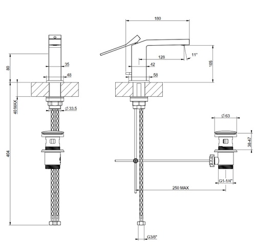 Immagine di Gessi RETTANGOLO K miscelatore lavabo H.15 cm, con scarico e flessibili di collegamento, finitura Black Metal PVD 53001#706