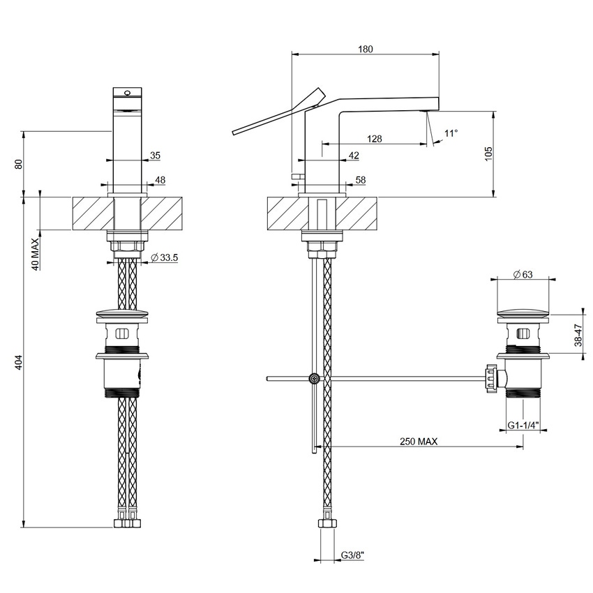 Immagine di Gessi RETTANGOLO K miscelatore lavabo H.15 cm, con scarico e flessibili di collegamento, finitura Black Metal PVD 53001#706