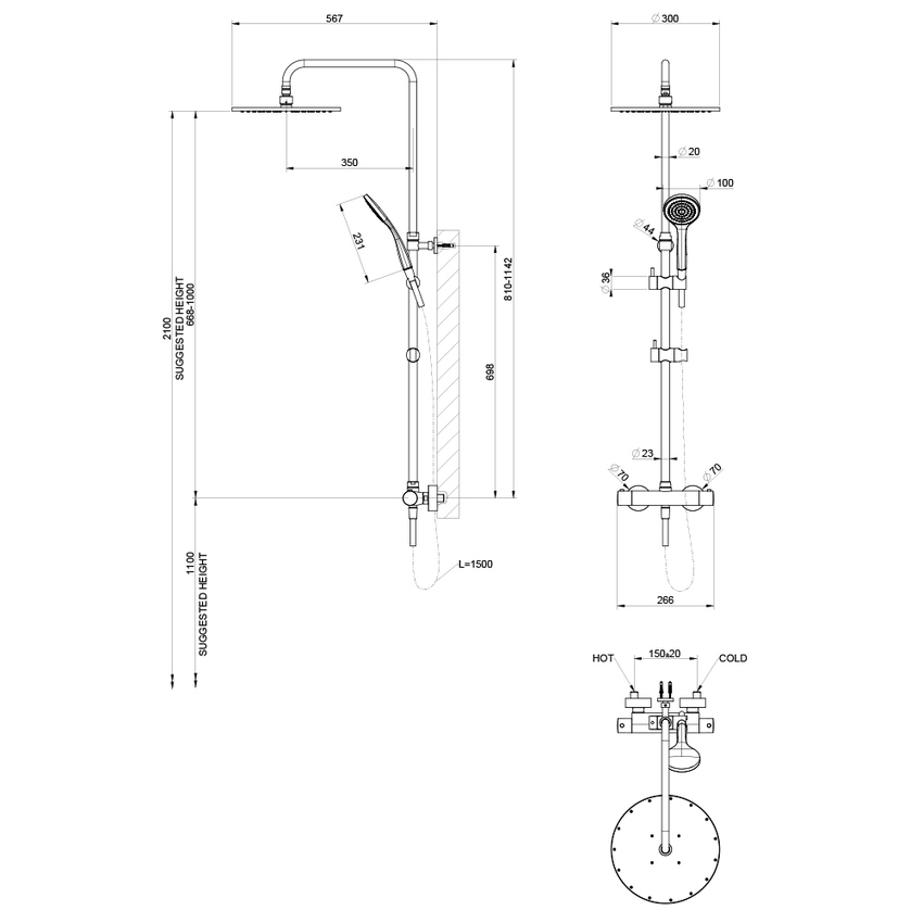 Immagine di Gessi SHOWER colonna doccia termostatica a parete, con deviatore automatico, soffione rotondo Ø 30 cm, flessibile 150 cm e doccetta anticalcare, finitura cromo 35177#031