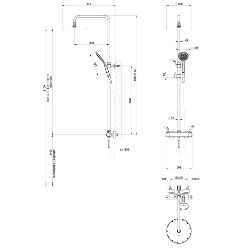 Immagine di Gessi SHOWER colonna doccia termostatica a parete, con deviatore automatico, soffione rotondo Ø 25 cm, flessibile 150 cm e doccetta anticalcare, finitura cromo 35175#031