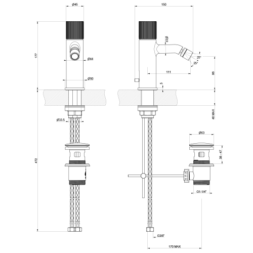 Immagine di Gessi HABITO RIGATO miscelatore bidet con scarico e flessibili di collegamento, finitura cromo 70507#031