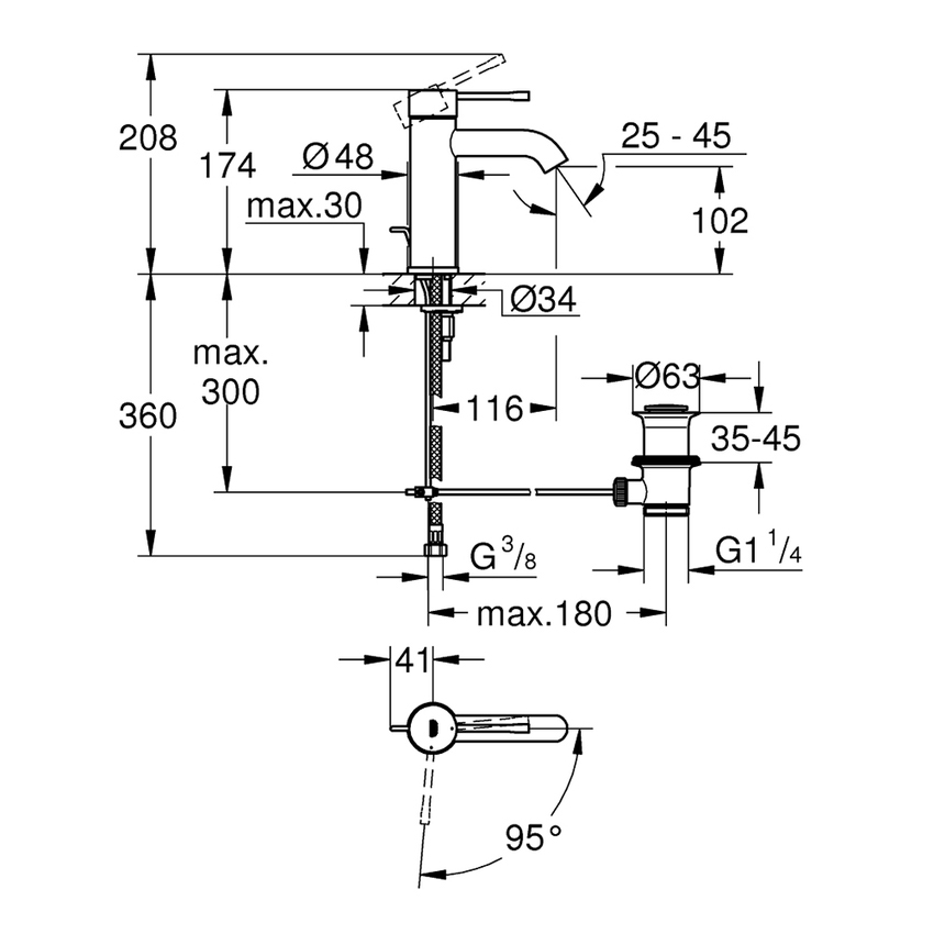 Immagine di Grohe ESSENCE miscelatore monocomando H.17 cm per lavabo, con scarico, finitura cromo 23591001