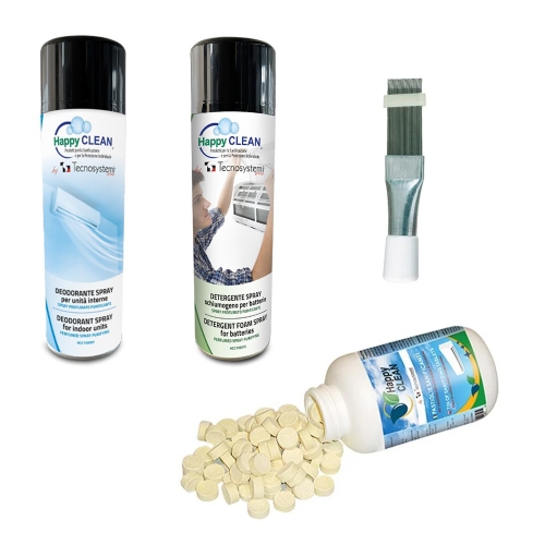 Immagine di Tecnosystemi KIT sanificazione e manutenzione climatizzatore composto da spray detergente e deodorante, pastiglie sanificanti e pettine per alette in acciaio KITSAN01