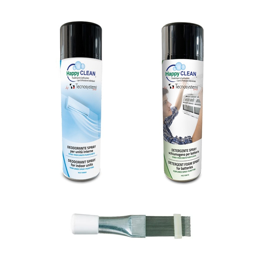 Immagine di Tecnosystemi KIT sanificazione e manutenzione climatizzatore composto da spray detergente, spay deodorante e pettine per alette in acciaio KITSAN02