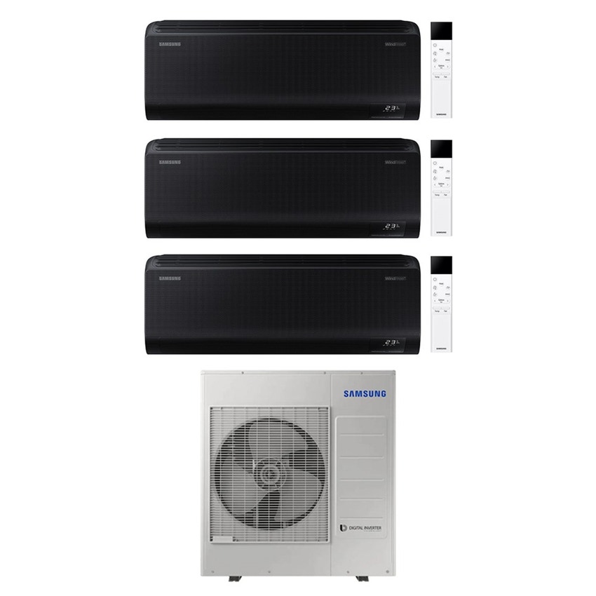 Immagine di Samsung WINDFREE BLACK Climatizzatore a parete trial split inverter Wi-Fi nero | unità esterna R32 10 kW unità interne 7000+7000+7000 BTU AJ100TXJ5KG/EU+AR70F[07|07|07]C1ABNEU