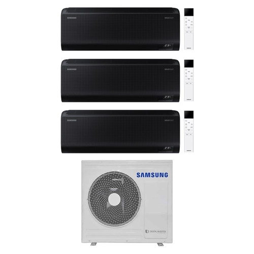 Immagine di Samsung WINDFREE BLACK Climatizzatore a parete trial split inverter Wi-Fi nero | unità esterna R32 6.8 kW unità interne 12000+12000+12000 BTU AJ068TXJ3KG/EU+AR70F[12|12|12]C1ABNEU