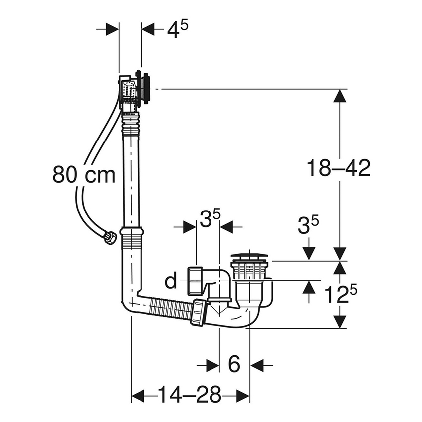Immagine di Geberit sifone per vasca da bagno con azionamento a rotazione ed erogazione al troppopieno, d52, lunghezza 28 cm, principio controflusso 150.704.00.6