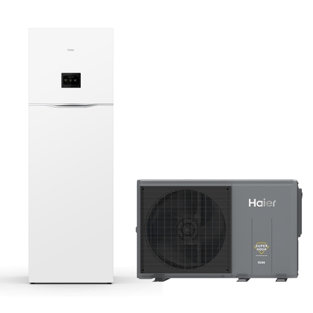 Immagine di Haier ALL IN ONE R290 Sistema composto da pompa di calore Inverter 8 kW monofase e modulo idronico 200 litri per produzione ACS con resistenza di backup 1+2 AW082HUGHA+HU102F20AHYA