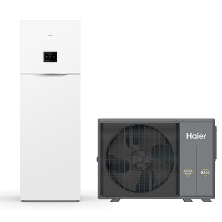 Immagine di Haier ALL IN ONE R290 Sistema composto da pompa di calore Inverter 12 kW trifase e modulo idronico 200 litri per produzione ACS con resistenza di backup 2+4 AW12NHVGHA+HU162F20AHYAE3