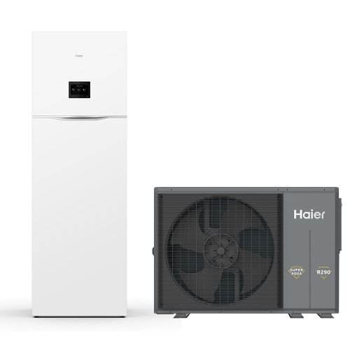 Immagine di Haier ALL IN ONE R290 Sistema composto da pompa di calore Inverter 12 kW trifase e modulo idronico 200 litri per produzione ACS con resistenza di backup 2+4 AW12NHVGHA+HU162F20AHYAE3