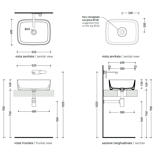 Immagine di Flaminia PLAY lavabo L.52 P.40 cm, da appoggio senza piano rubinetteria e senza troppopieno, colore bianco finitura lucido PY52A