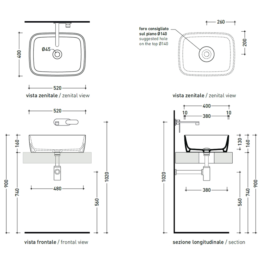 Immagine di Flaminia PLAY lavabo L.52 P.40 cm, da appoggio senza piano rubinetteria e senza troppopieno, colore bianco finitura lucido PY52A