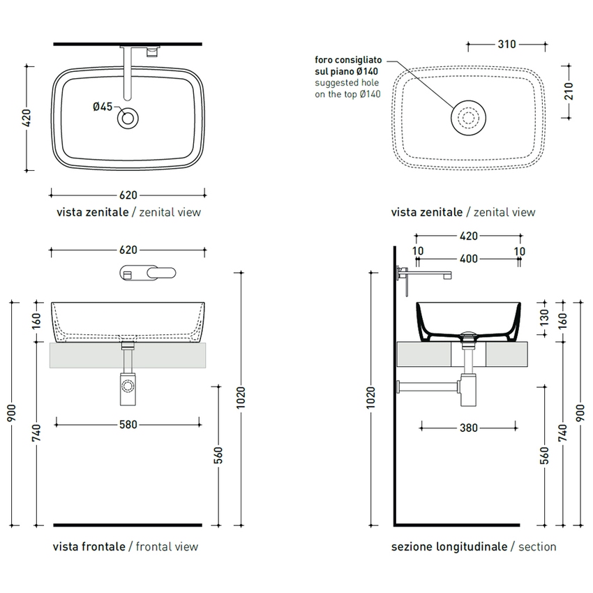Immagine di Flaminia PLAY lavabo L.62 P.42 cm, da appoggio senza piano rubinetteria e senza troppopieno, colore bianco finitura lucido PY62A