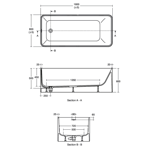 Immagine di Ideal Standard CONCA vasca centro stanza L.180 P.80 cm, con colonna di scarico e telaio, colore bianco finitura opaco K8830EN