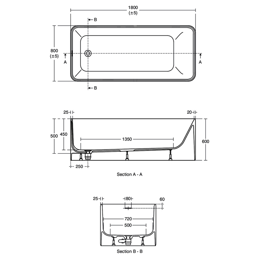 Immagine di Ideal Standard CONCA vasca centro stanza L.180 P.80 cm, con colonna di scarico e telaio, colore bianco finitura opaco K8830EN
