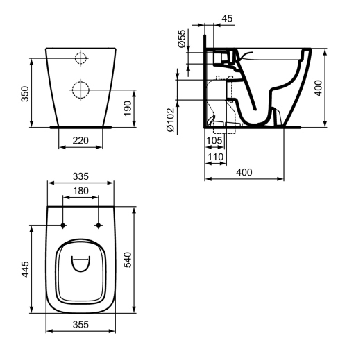 Immagine di Ideal Standard I.LIFE B set sanitari a terra, vaso filo parete senza brida, con sedile avvolgente a discesa rallentata, bidet monoforo con troppopieno, colore bianco finitura lucido T461601+T468301+T461701