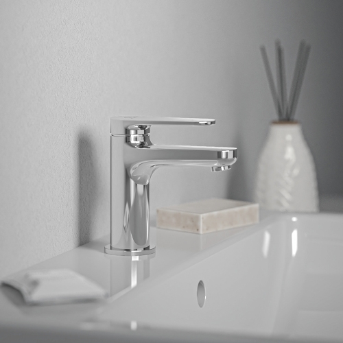 Immagine di Ideal Standard CERAFINE O miscelatore monocomando H.13 cm per lavabo, senza asta di comando e scarico piletta, con sistema BlueStart, finitura cromo BD766AA