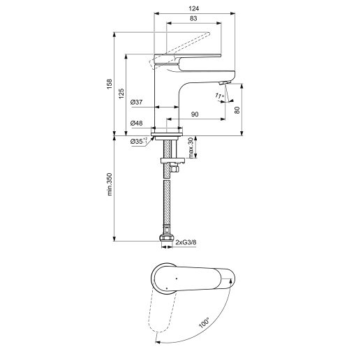 Immagine di Ideal Standard CERAFINE O miscelatore monocomando H.13 cm per lavabo, senza asta di comando e scarico piletta, con sistema BlueStart, colore nero finitura opaco BD766XG