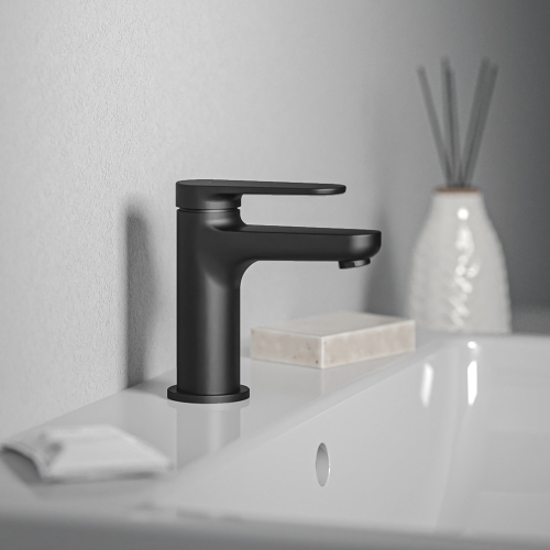Immagine di Ideal Standard CERAFINE O miscelatore monocomando H.13 cm per lavabo, senza asta di comando e scarico piletta, con sistema BlueStart, colore nero finitura opaco BD766XG
