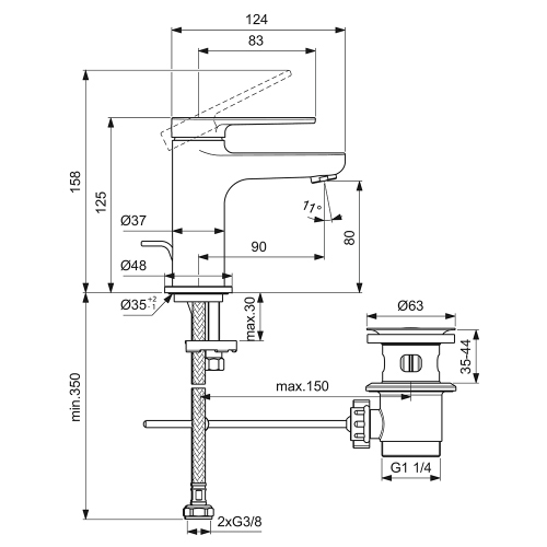 Immagine di Ideal Standard CERAFINE O miscelatore monocomando H.13 cm per lavabo, con asta di comando e scarico piletta da 1-1/4", colore nero finitura opaco BD907XG