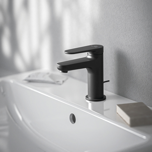 Immagine di Ideal Standard CERAFINE O miscelatore monocomando H.13 cm per lavabo, con asta di comando e scarico piletta da 1-1/4", colore nero finitura opaco BD907XG