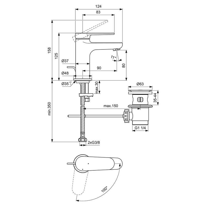 Immagine di Ideal Standard CERAFINE O miscelatore monocomando H.13 cm per lavabo, con asta di comando e scarico piletta da 1-1/4", con sistema BlueStart, finitura cromo BD767AA