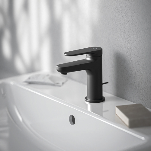 Immagine di Ideal Standard CERAFINE O miscelatore monocomando H.13 cm per lavabo, con asta di comando e scarico piletta da 1-1/4", con sistema BlueStart, colore nero finitura opaco BD767XG