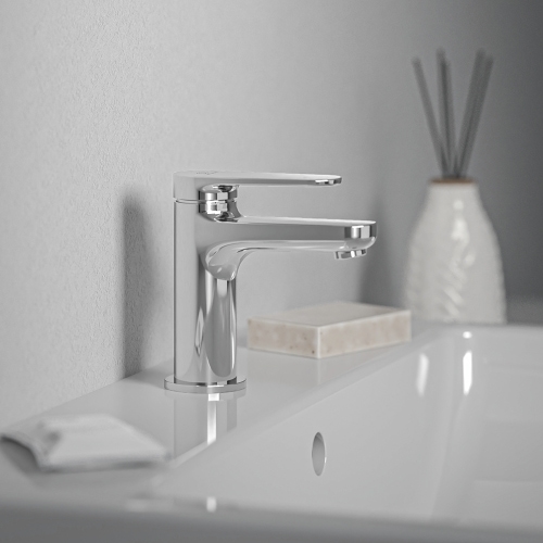 Immagine di Ideal Standard CERAFINE O miscelatore monocomando H.13 cm per lavabo, scarico piletta Click-Clack e sistema BlueStart, finitura cromo BD964AA