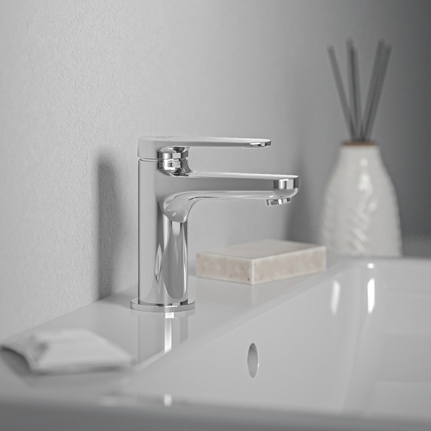 Immagine di Ideal Standard CERAFINE O miscelatore monocomando H.13 cm per lavabo, scarico piletta Click-Clack e sistema BlueStart, finitura cromo BD964AA