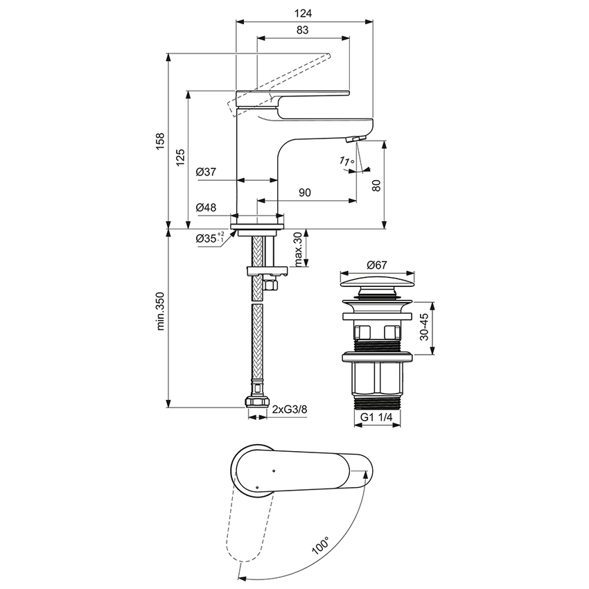 Immagine di Ideal Standard CERAFINE O miscelatore monocomando H.13 cm per lavabo, scarico piletta Click-Clack e sistema BlueStart, colore nero finitura opaco BD964XG