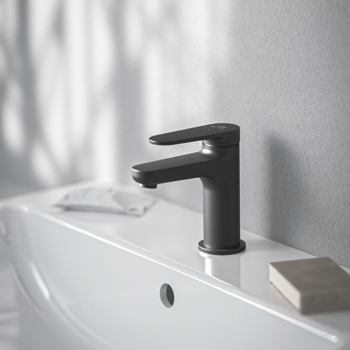 Immagine di Ideal Standard CERAFINE O miscelatore monocomando H.13 cm per lavabo, scarico piletta Click-Clack e sistema BlueStart, colore nero finitura opaco BD964XG