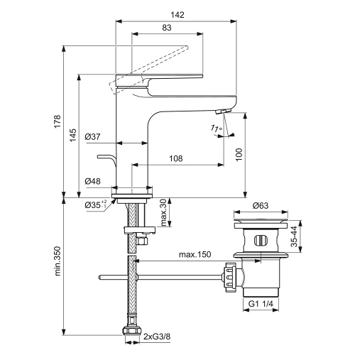 Immagine di Ideal Standard CERAFINE O miscelatore monocomando H.15 cm per lavabo, con asta di comando e scarico piletta da 1-1/4", colore nero finitura opaco BD908XG
