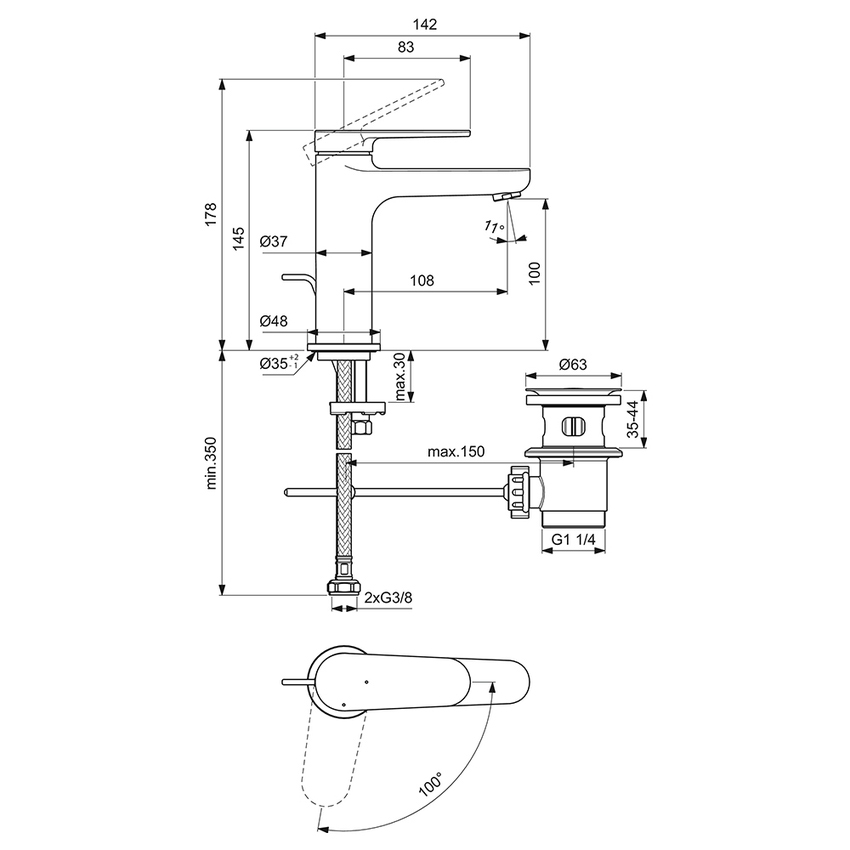Immagine di Ideal Standard CERAFINE O miscelatore monocomando H.15 cm per lavabo, con asta di comando, scarico piletta da 1-1/4" e sistema BlueStart, finitura cromo BD769AA